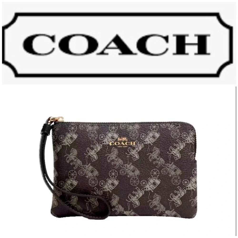 Coach Corner Zip Wristlet Wallet with Horse & Carriage Print Black Grey